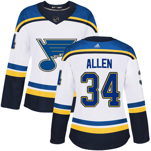 Adidas Blues #34 Jake Allen White Road Authentic Women's Stitched NHL Jersey
